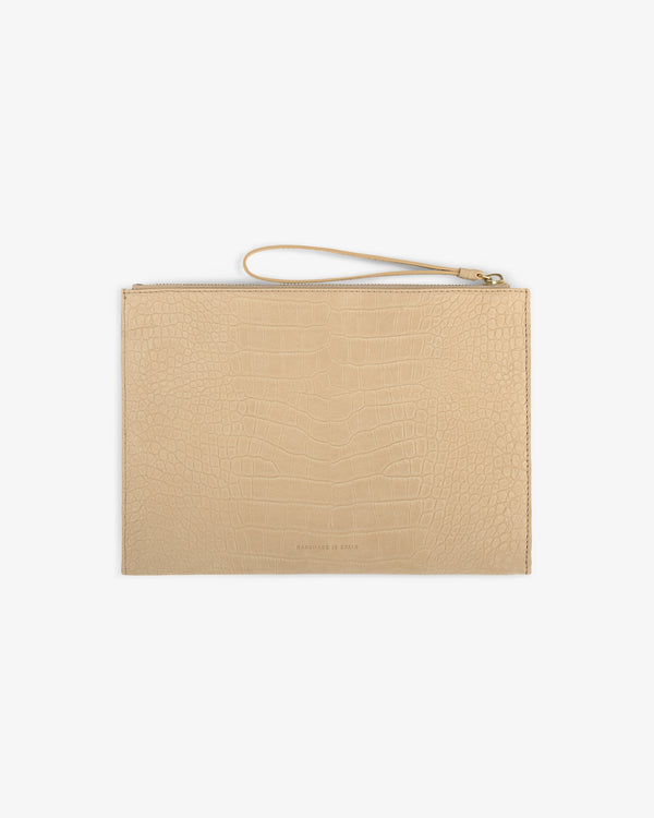 Small Croc-Embossed Nubuck Pouch with zipper and wrist strap, shown against a white background.