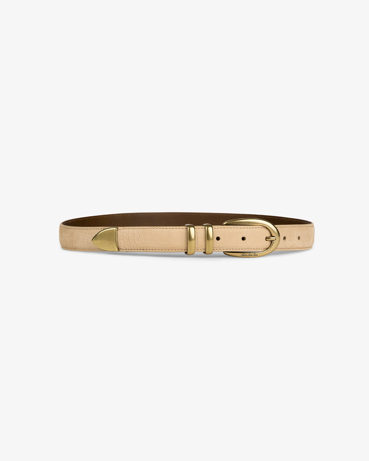 Croc-Embossed Nubuck Belt in beige with gold buckle and tip, shown on a plain white background.