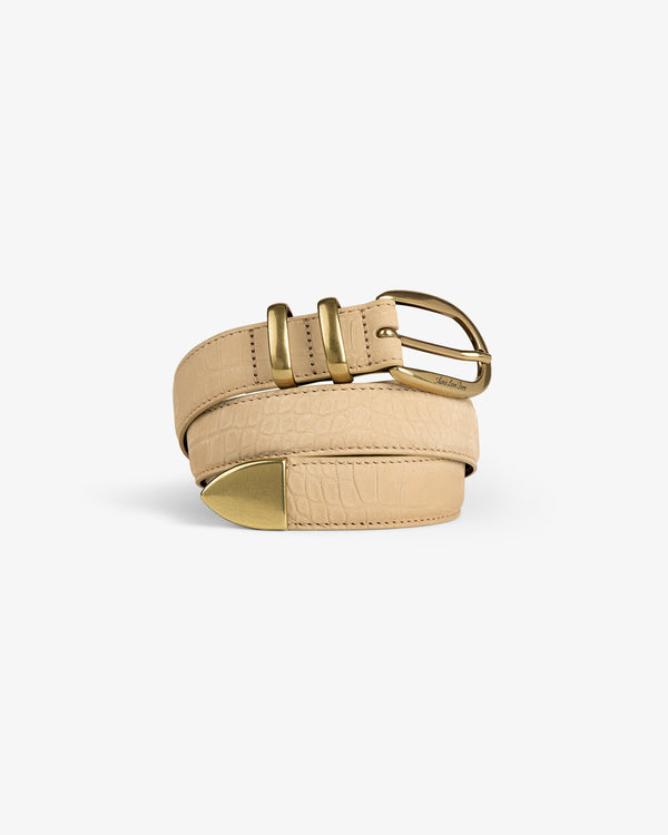 Croc-Embossed Nubuck Belt with gold buckle and tip, rolled up on a plain white background.