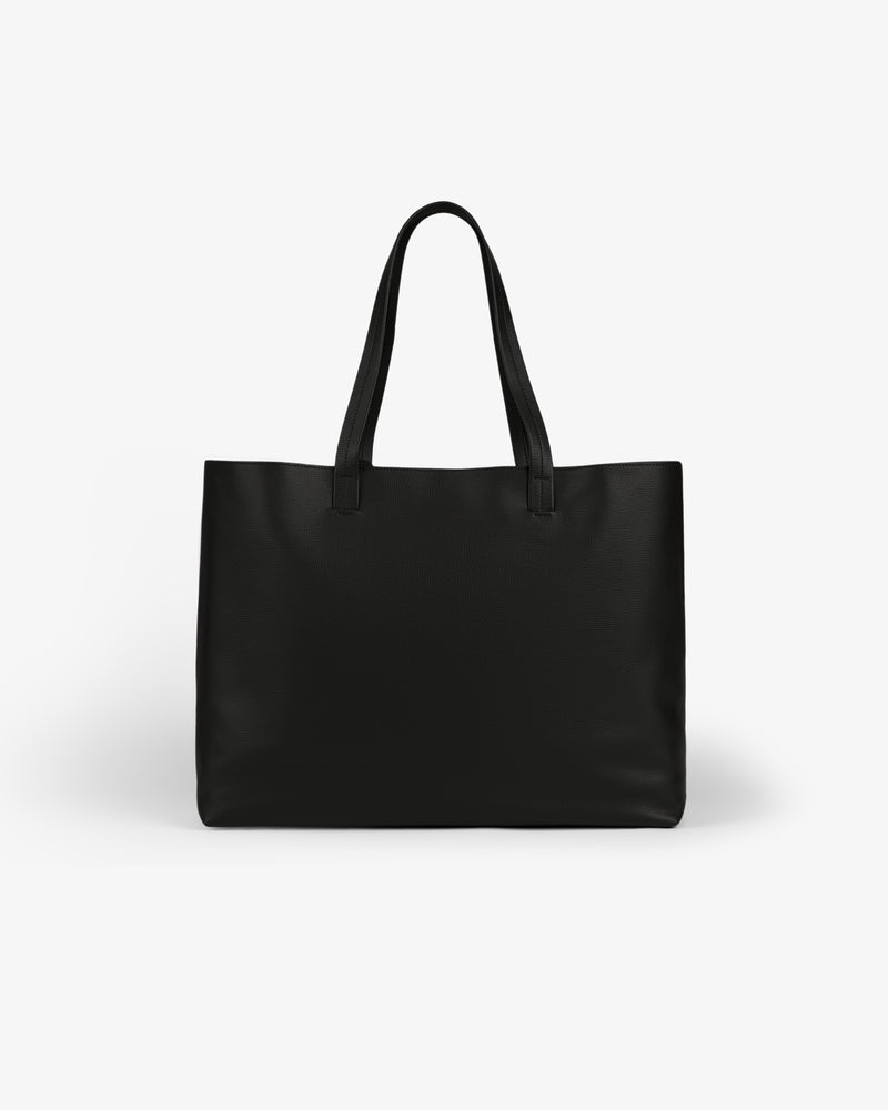 Full Grain Leather Tote Bag in black leather with two handles, shown against a plain white background.