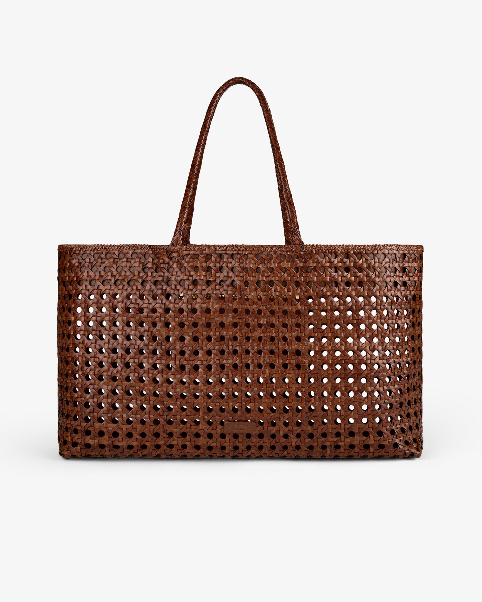 Woven Leather Tote Bag in brown with two handles and a rectangular open-weave leather design.