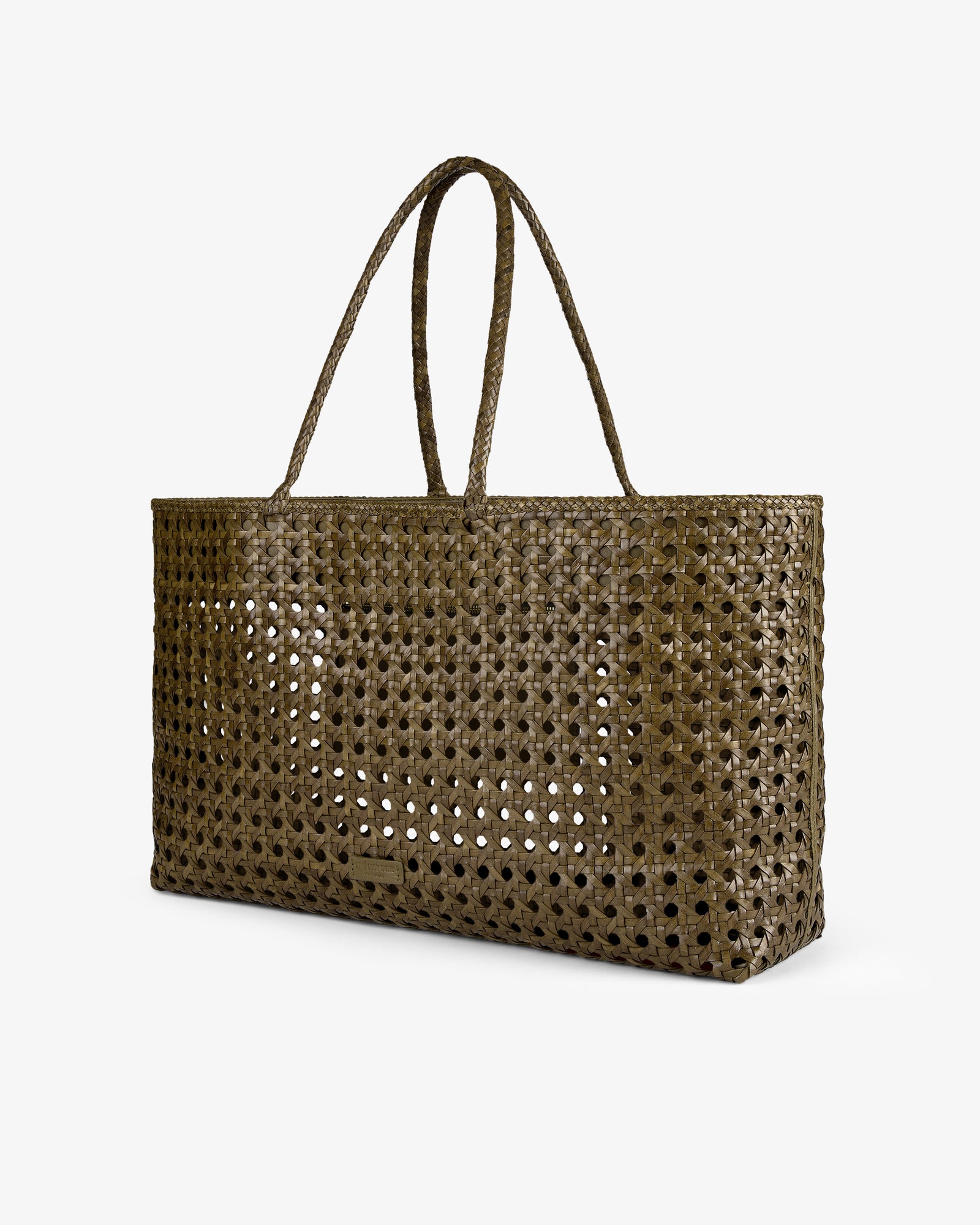Woven Leather Tote Bag in olive green with double handles and a rectangular shape, shown on a white background.