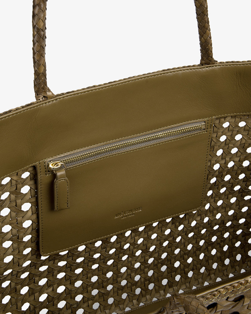 Olive green Woven Leather Tote Bag with leather detailing and an interior zip pocket.