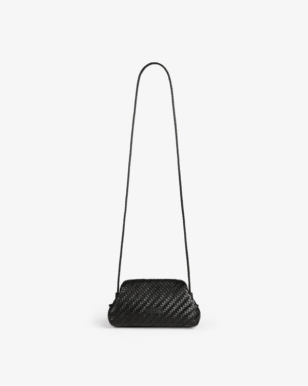 Woven Leather Shoulder Bag in small black design with a long thin strap, shown on a plain white background.