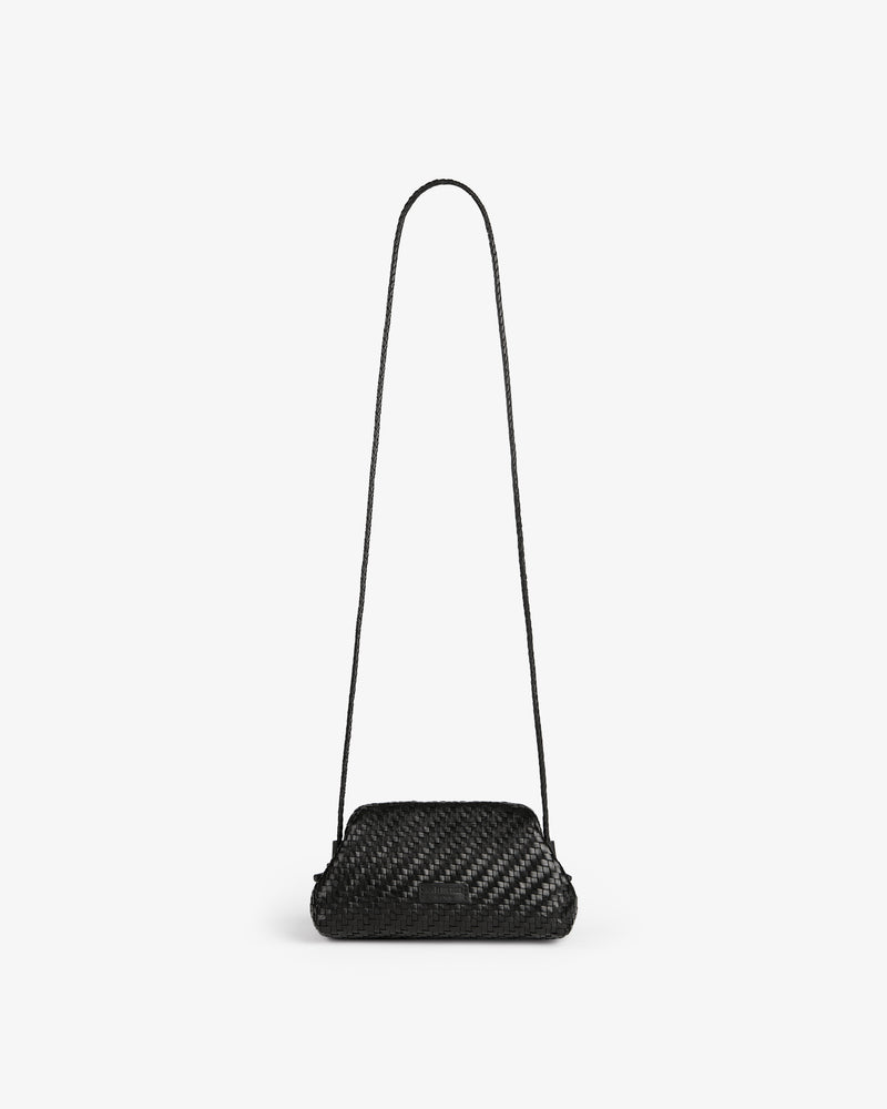 Woven Leather Shoulder Bag in small black design with a long thin strap, shown on a plain white background.