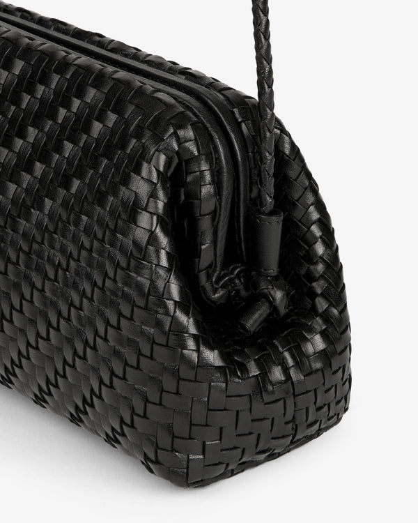 Close-up of the Woven Leather Shoulder Bag in black with a drawstring closure, set against a plain white background.