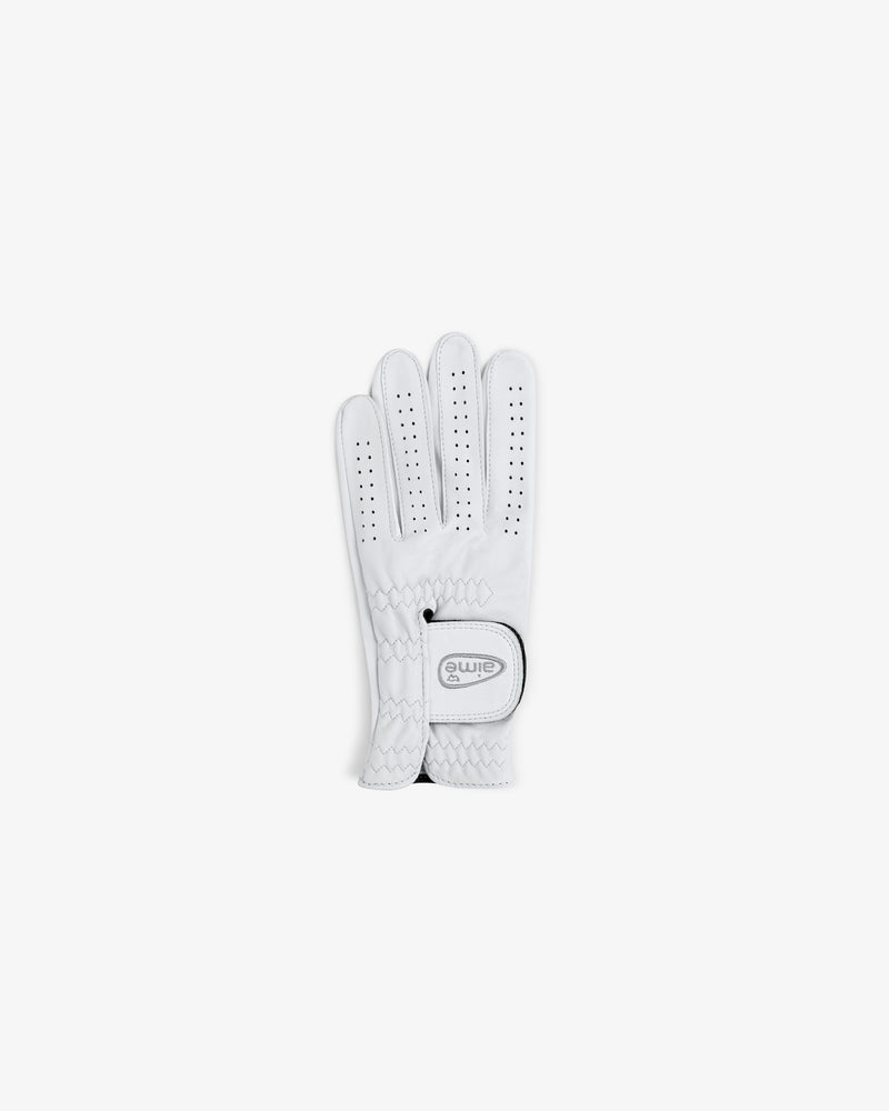 ALD / FootJoy StaSof Heritage Glove (Left), white, palm up with ventilation holes and Velcro closure on white background.