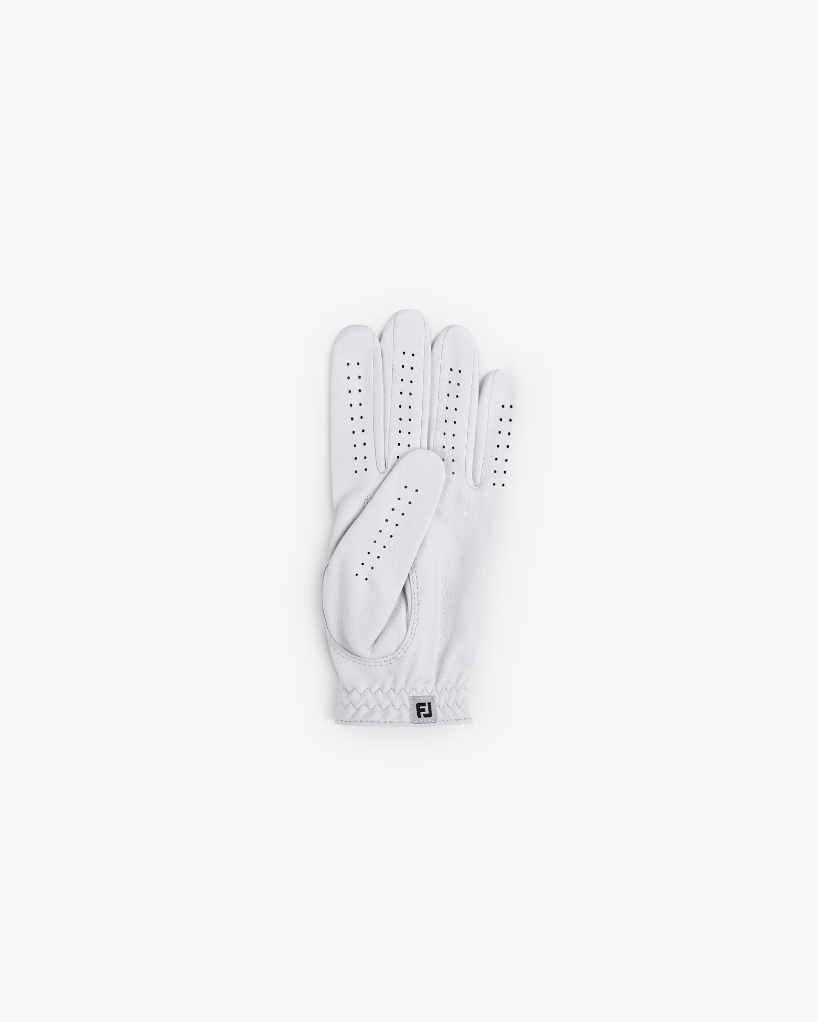 The ALD / FootJoy StaSof Heritage Glove (Left), white with perforations, is shown palm up on a white background.