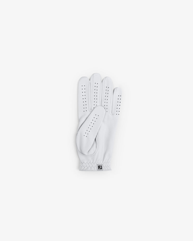 The ALD / FootJoy StaSof Heritage Glove (Left), white with perforations, is shown palm up on a white background.
