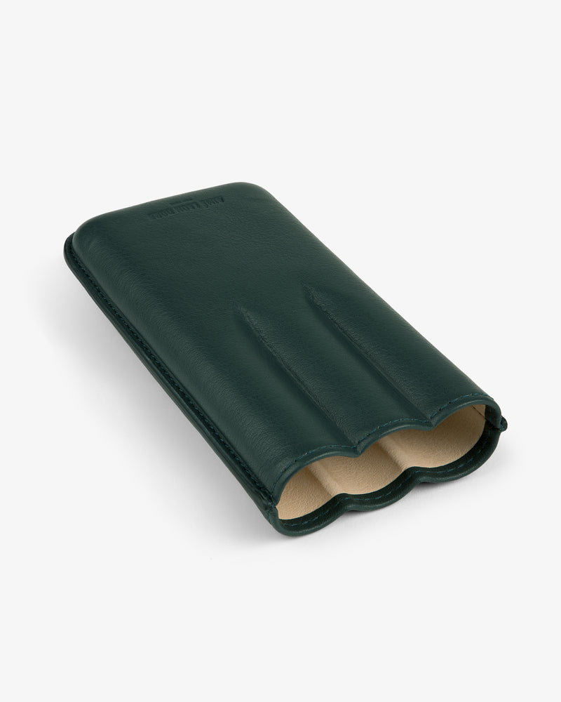The ALD Golf Leather Cigar Case is dark green with three slots, beige lining, and holds cigars or pens.