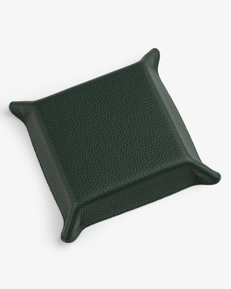A square, dark green Leather Catchall tray with raised, pointed corners on a white background.