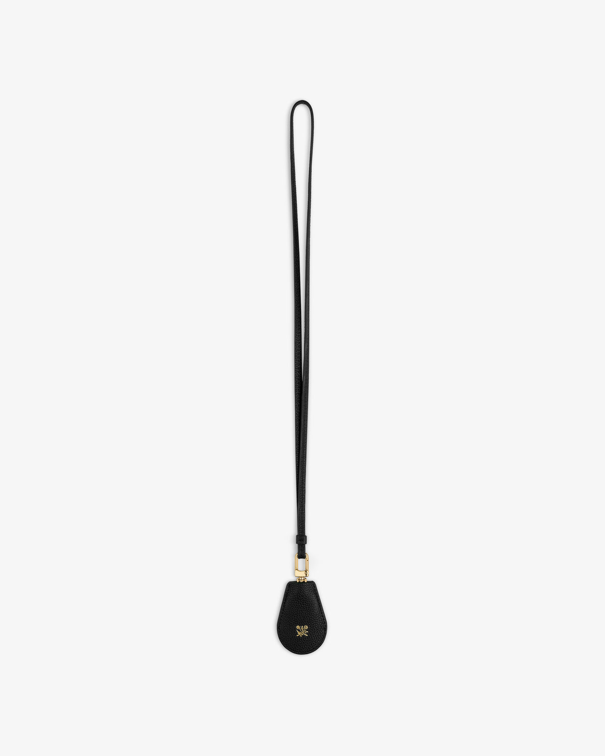 Leather Key Cover in black with teardrop attachment and gold hardware, shown on a white background.