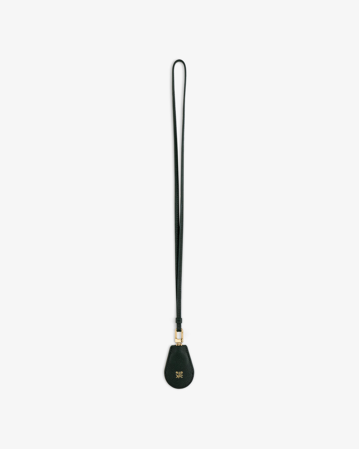 Leather Key Cover in black with long strap, gold hardware, and small gold logo on the front.