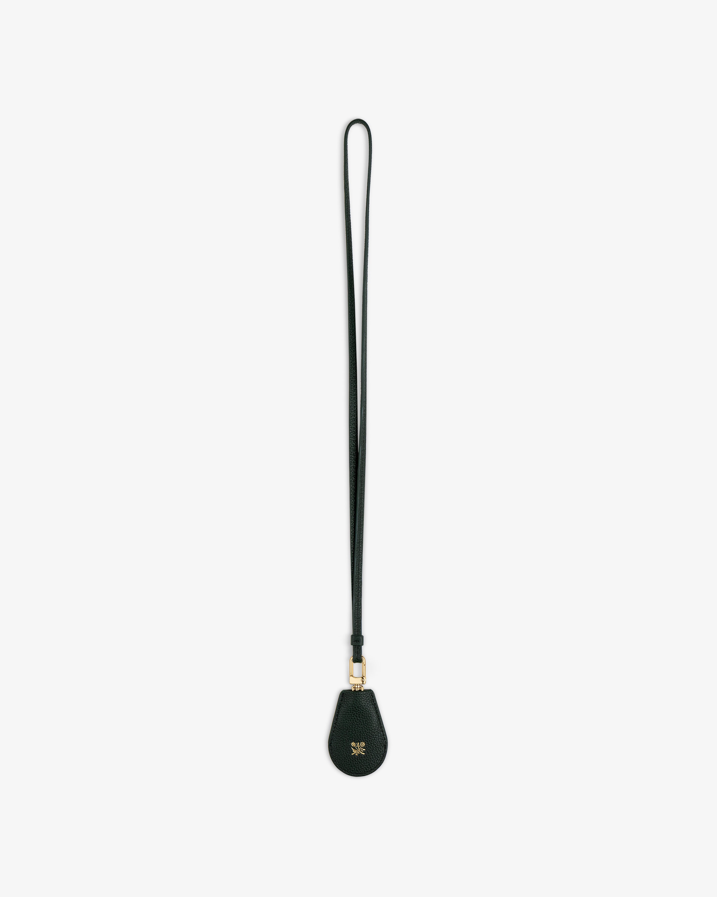 Leather Key Cover in black with long strap, gold hardware, and small gold logo on the front.