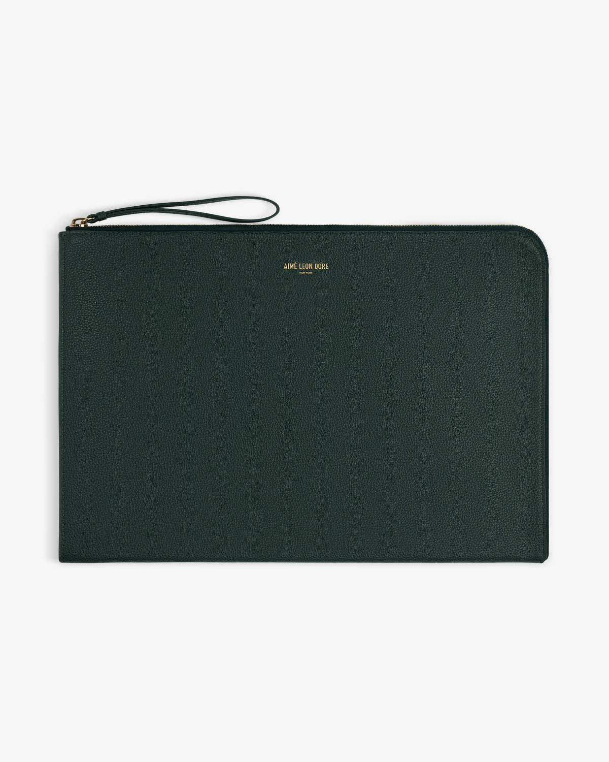 Large Leather Pouch in dark green leather with zip, wrist strap, and AIME LEON DORE gold text at center.