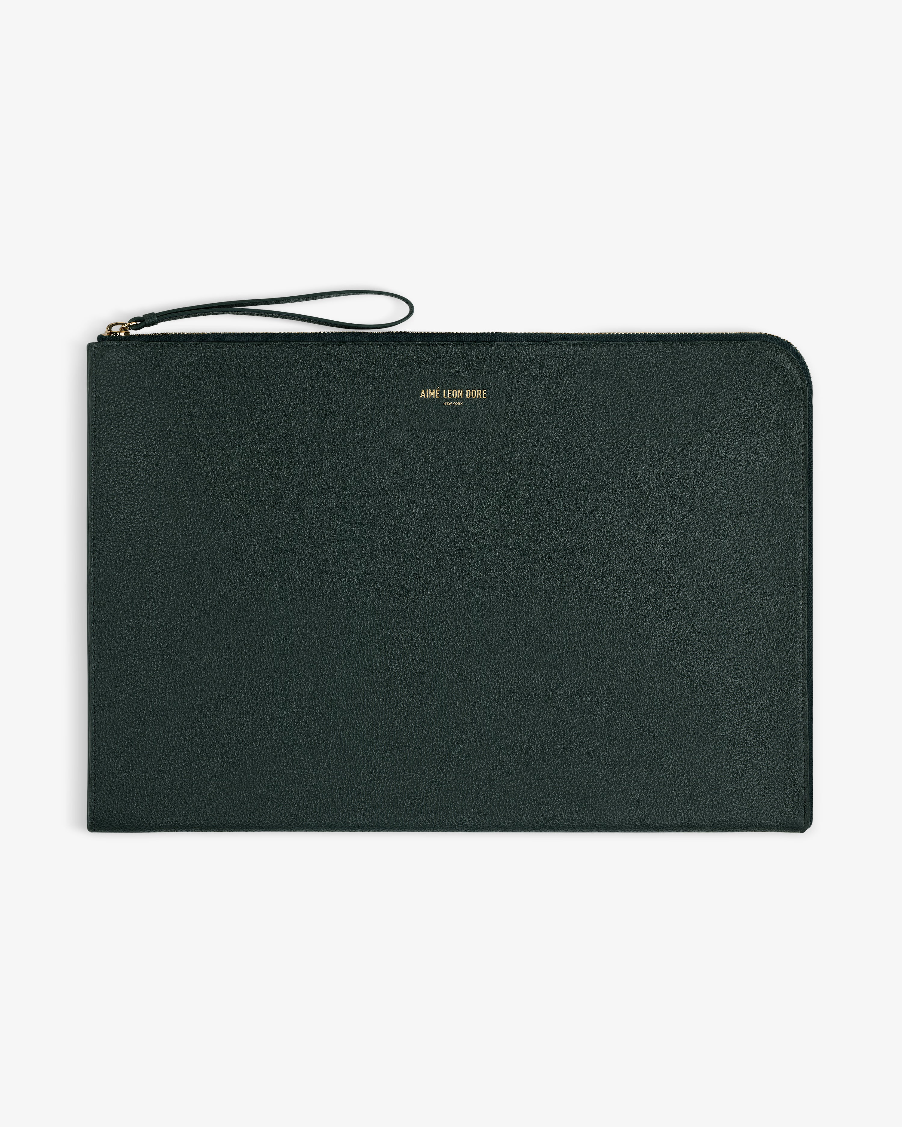 Large Leather Pouch in dark green leather with zip, wrist strap, and AIME LEON DORE gold text at center.