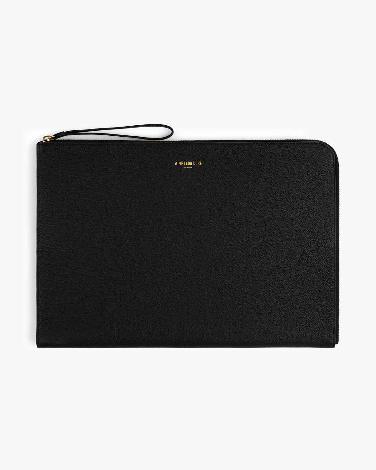 Large Leather Pouch in black leather with zip closure, small gold logo, and wrist strap on white background.