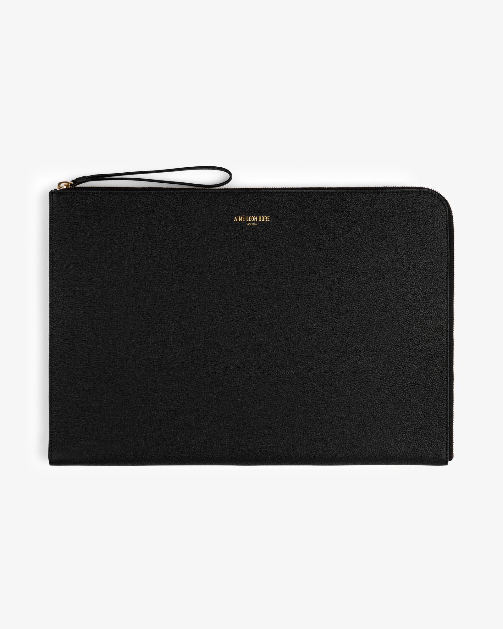 Large Leather Pouch in black leather with zip closure, small gold logo, and wrist strap on white background.