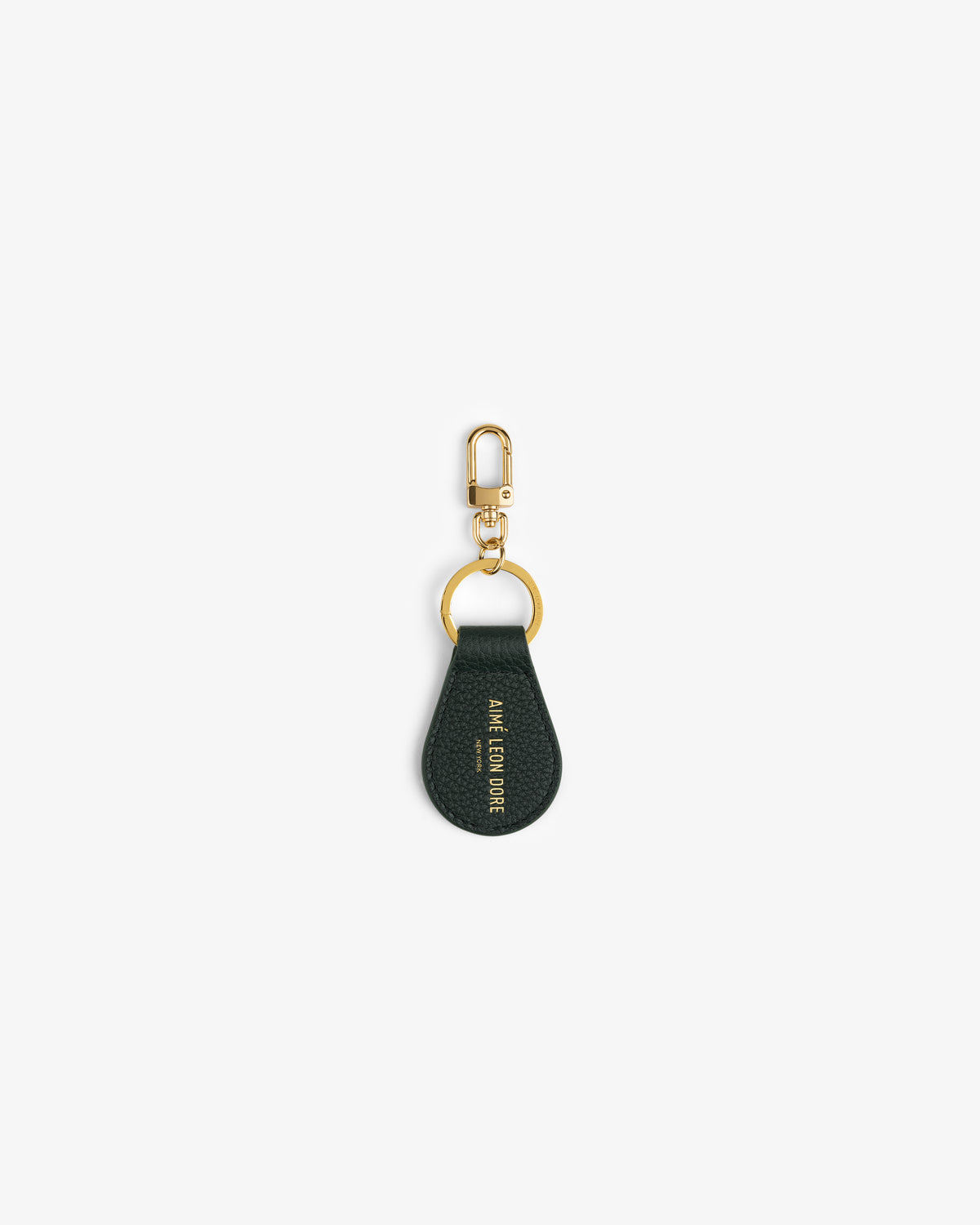 Dark green Leather Key Fob with gold hardware and embossed text, shown on a white background.