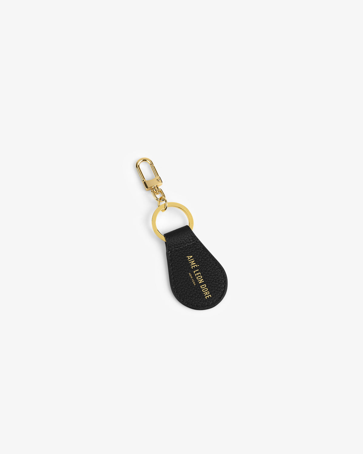 Leather Key Fob in black with gold ring, clasp, and Marc Jacobs text in gold on the fob.