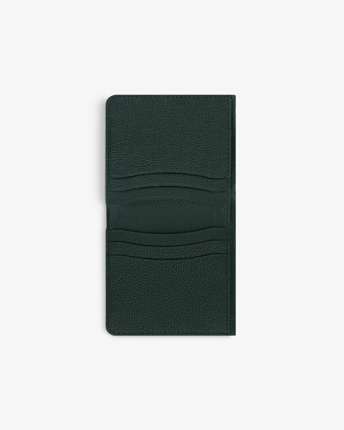 Dark green Leather Bi-Fold Wallet open on white, showing four card slots.