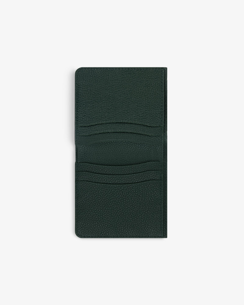 Dark green Leather Bi-Fold Wallet open on white, showing four card slots.