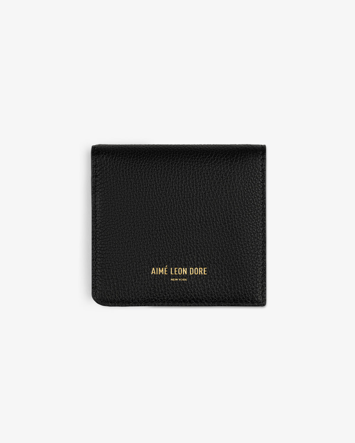 Black Leather Bi-Fold Wallet with gold "AIMÉ LEON DORE" logo embossed on the front, shown on a white background.