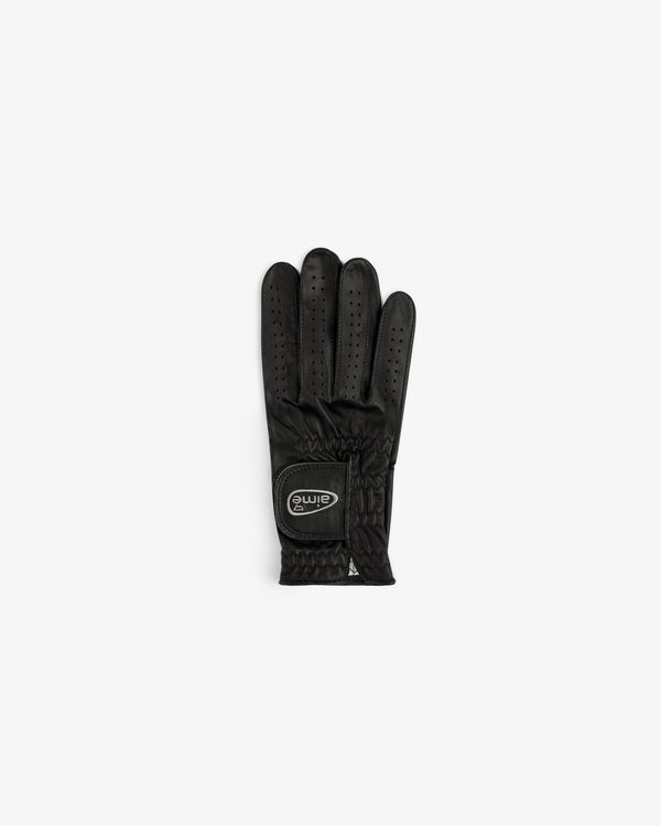The ALD / FootJoy StaSof Heritage Glove (Right) in black leather features perforated fingers and a stitched wrist logo.