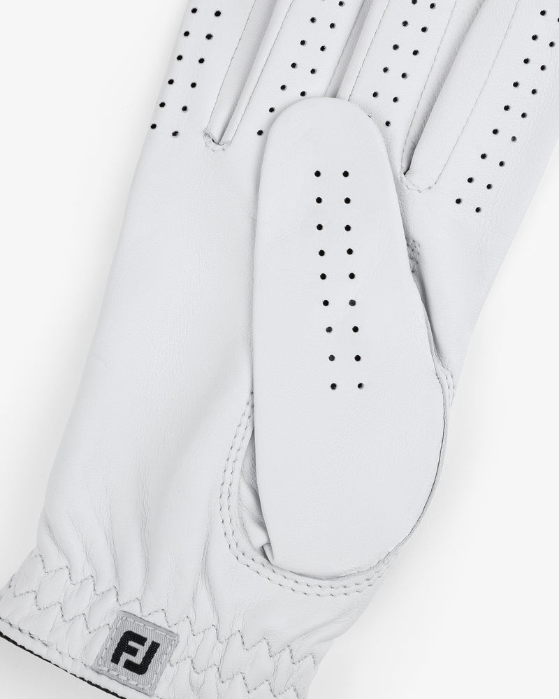 The ALD / FootJoy StaSof Heritage Glove (Right) is a white leather glove with perforations and an FJ cuff logo.