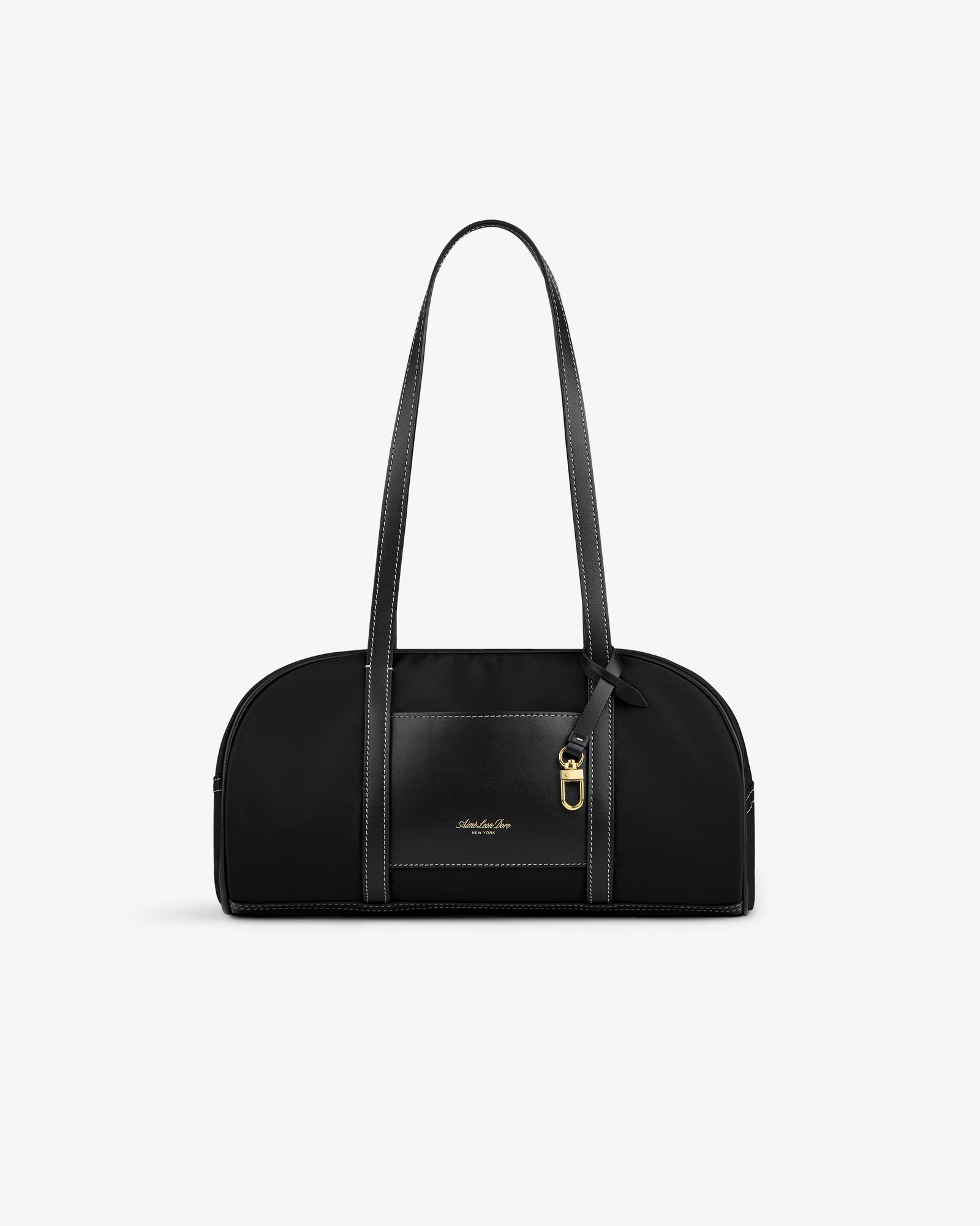 Mini Duffle Shoulder Bag in black with long straps, gold-tone hardware, and small front logo on white background.