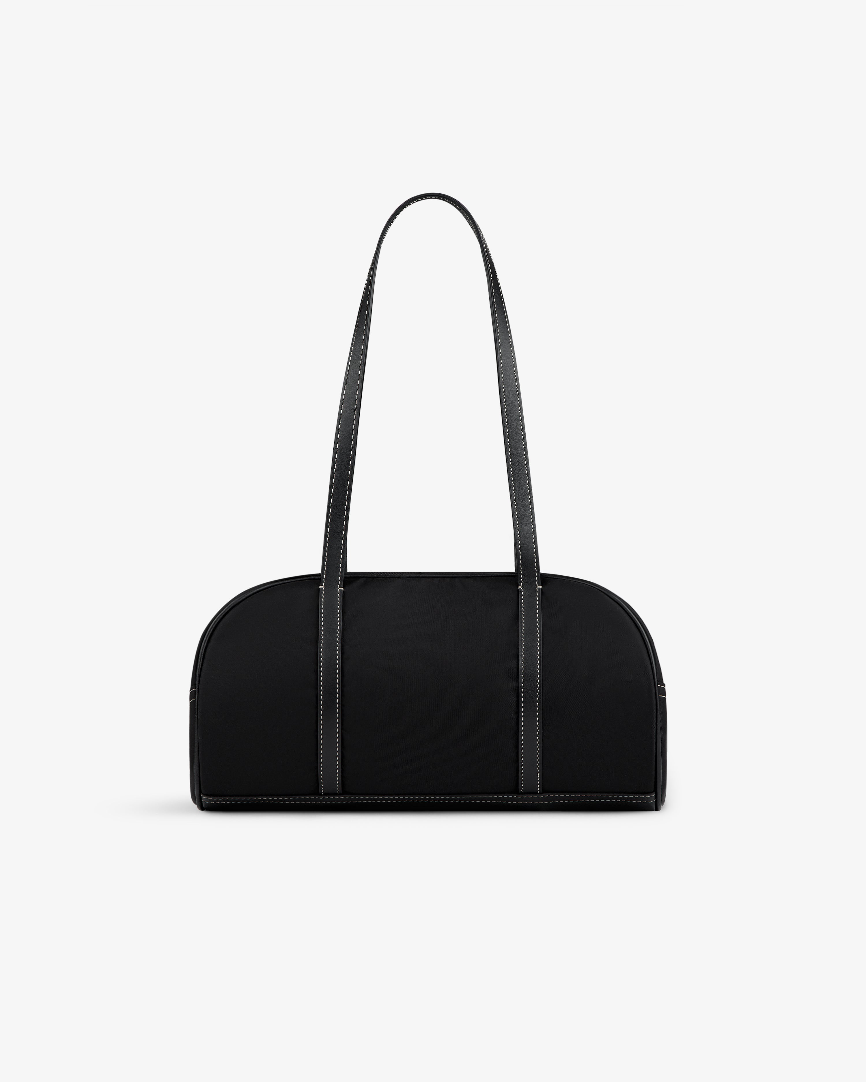 Mini Duffle Shoulder Bag, black and rectangular with long double handles, shown on a plain white background.