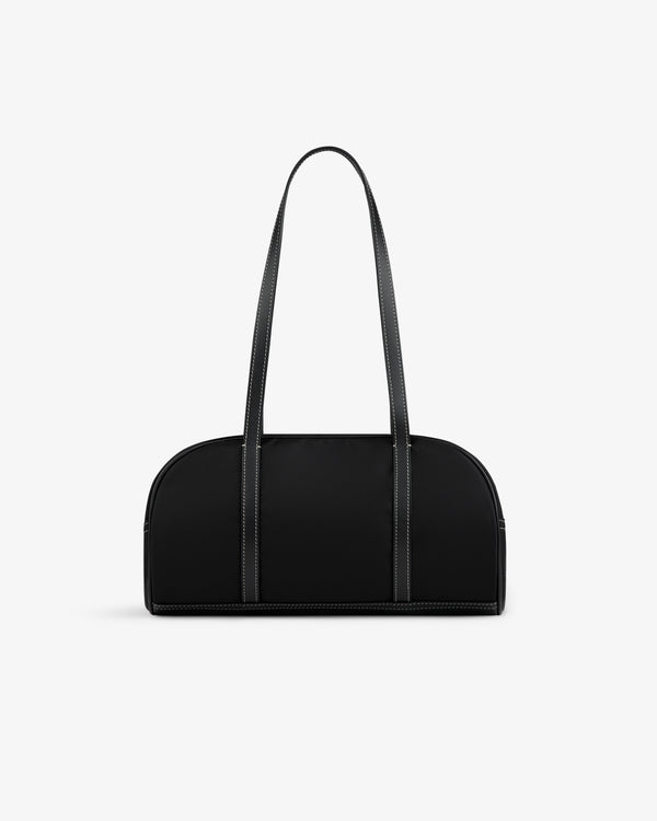 Mini Duffle Shoulder Bag, black and rectangular with long double handles, shown on a plain white background.