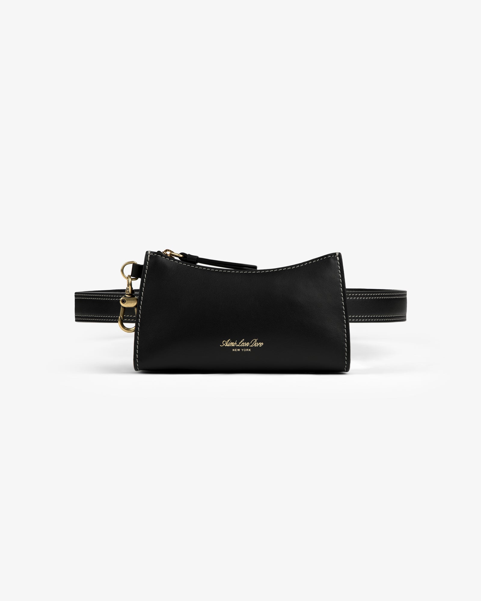 Convertible Leather Belt Bag in black with gold hardware and a small gold logo, shown on a white background.