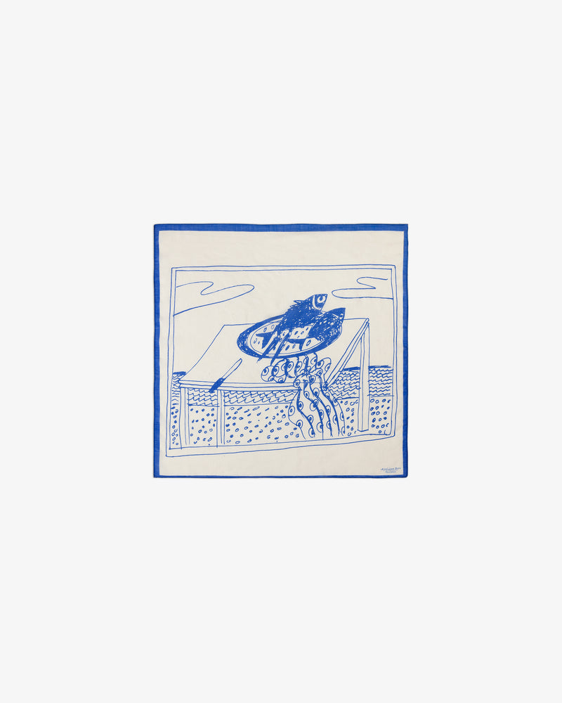 Blue and white illustration of the Fassianos Wool Silk Bandana held by a hand over a fence, with a simple outdoor background.