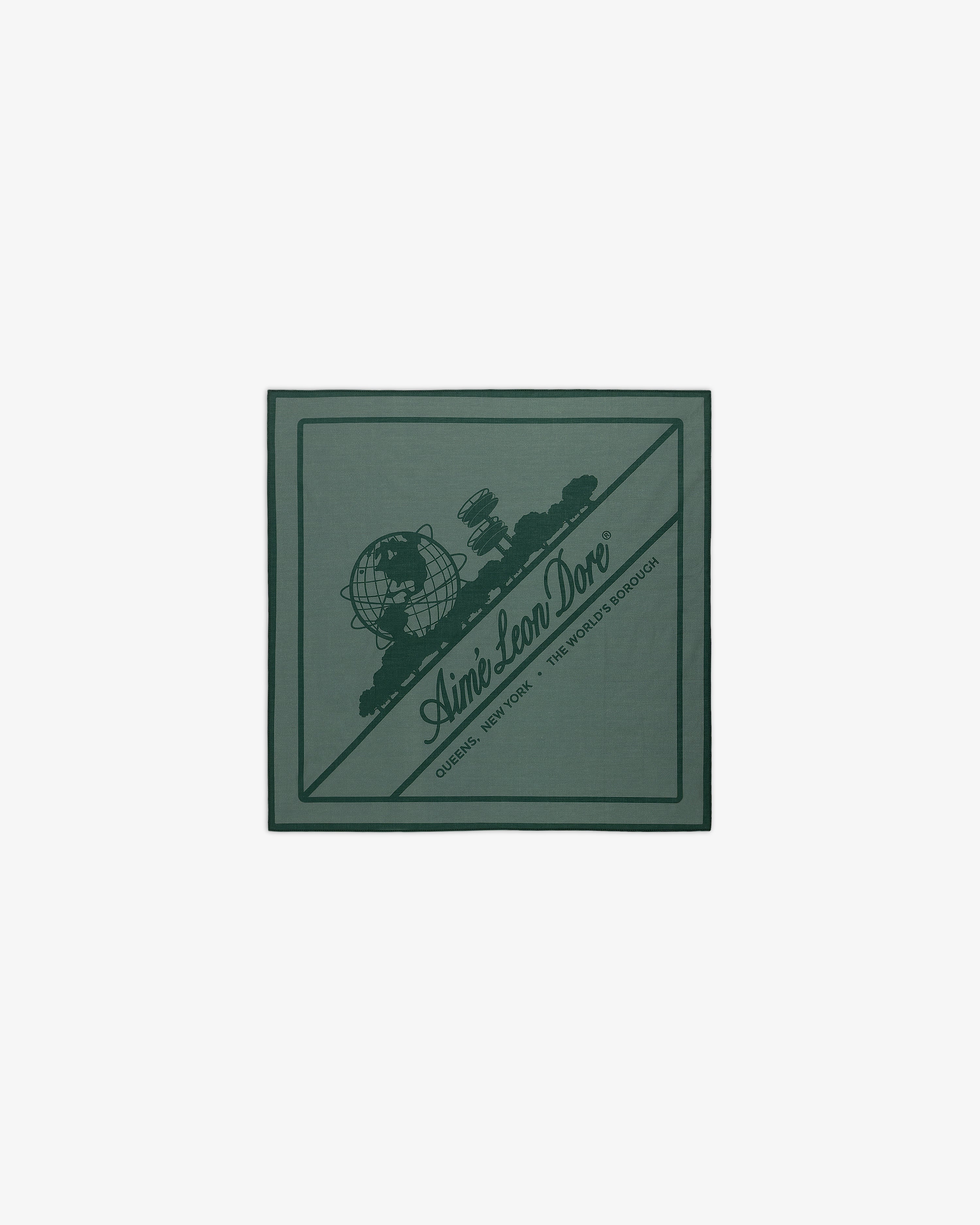 Sun Faded Unisphere Bandana with a globe, satellite, and Aimé Leon Dore logo and text in the center.