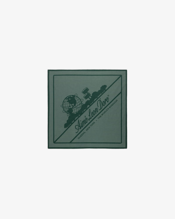 Sun Faded Unisphere Bandana with a globe, satellite, and Aimé Leon Dore logo and text in the center.