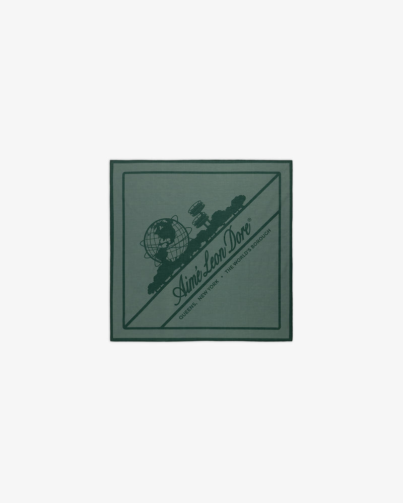 Sun Faded Unisphere Bandana with a globe, satellite, and Aimé Leon Dore logo and text in the center.