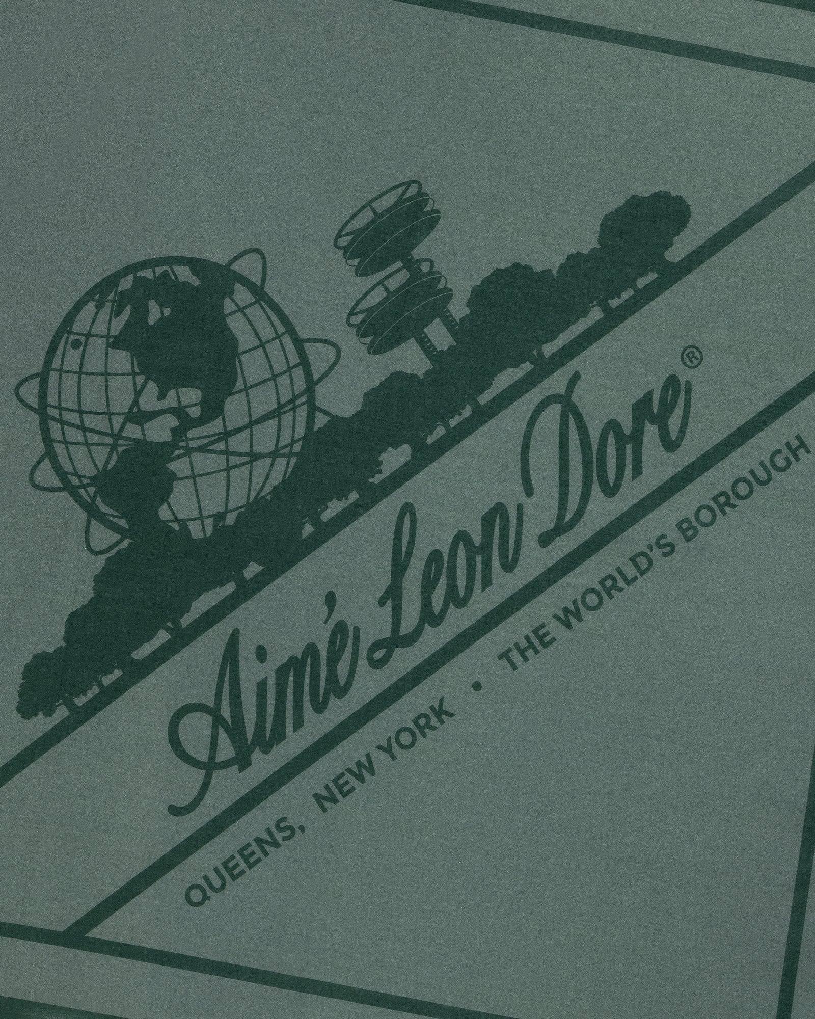 Sun Faded Unisphere Bandana: green graphic with globe, trees, and “Aimé Leon Dore, Queens, NY, The World’s Borough.”.