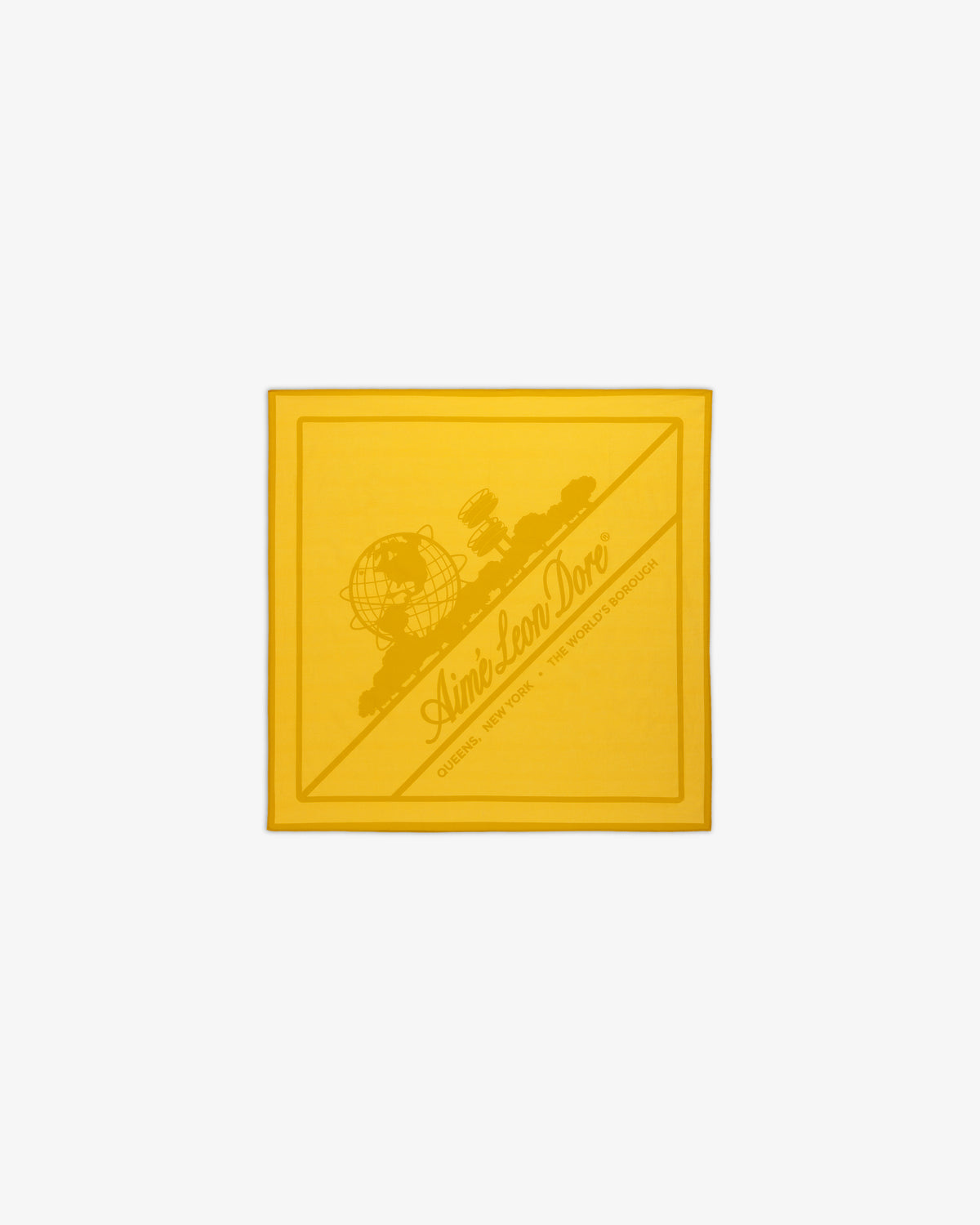 Sun Faded Unisphere Bandana in yellow with Aime Leon Dore and globe graphic printed diagonally on front.