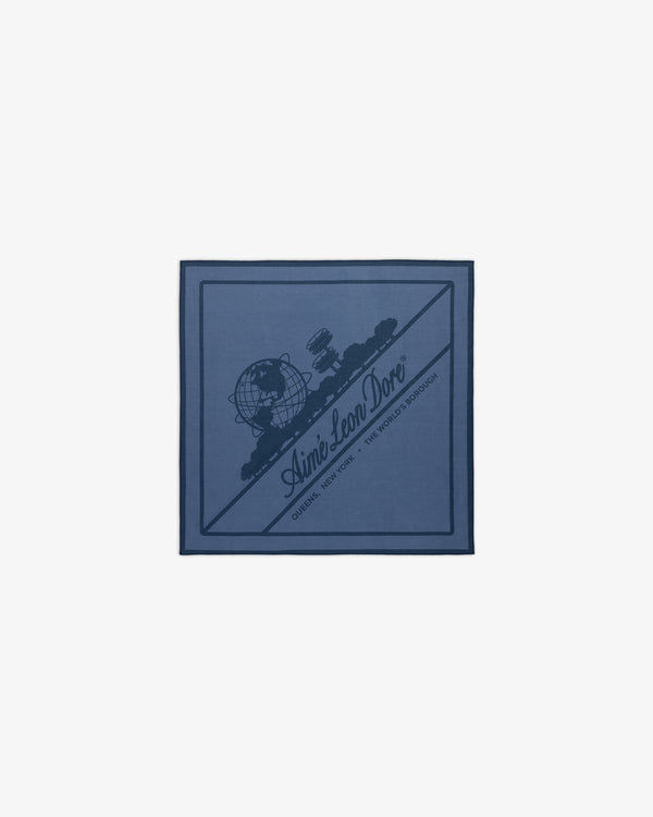 Sun Faded Unisphere Bandana featuring a blue square design with a globe, telescope, and Aimé Leon Dore text.