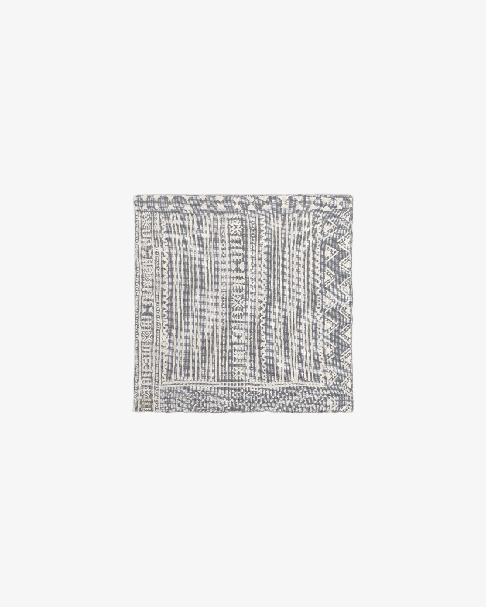 A square gray Mesh Tapestry Bandana featuring white geometric and striped patterns.