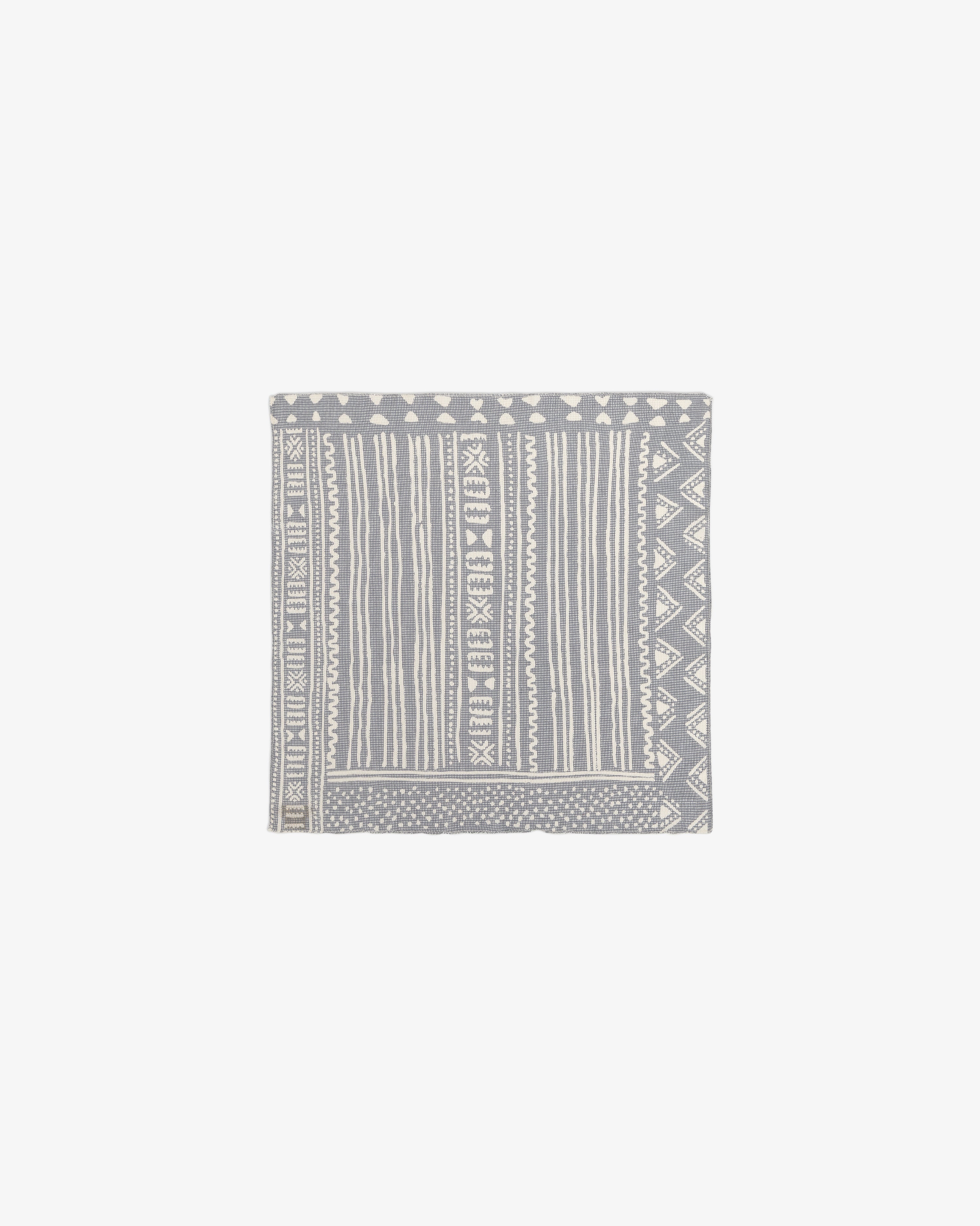 A square gray Mesh Tapestry Bandana featuring white geometric and striped patterns.
