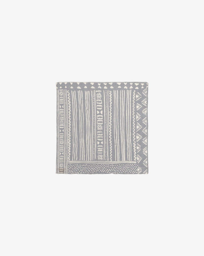 A square gray Mesh Tapestry Bandana featuring white geometric and striped patterns.