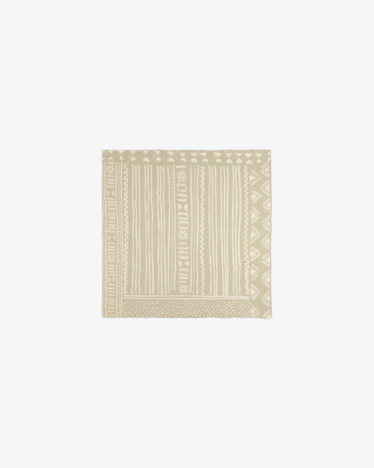 Mesh Tapestry Bandana in beige with geometric and striped white patterns, shown on a plain white background.