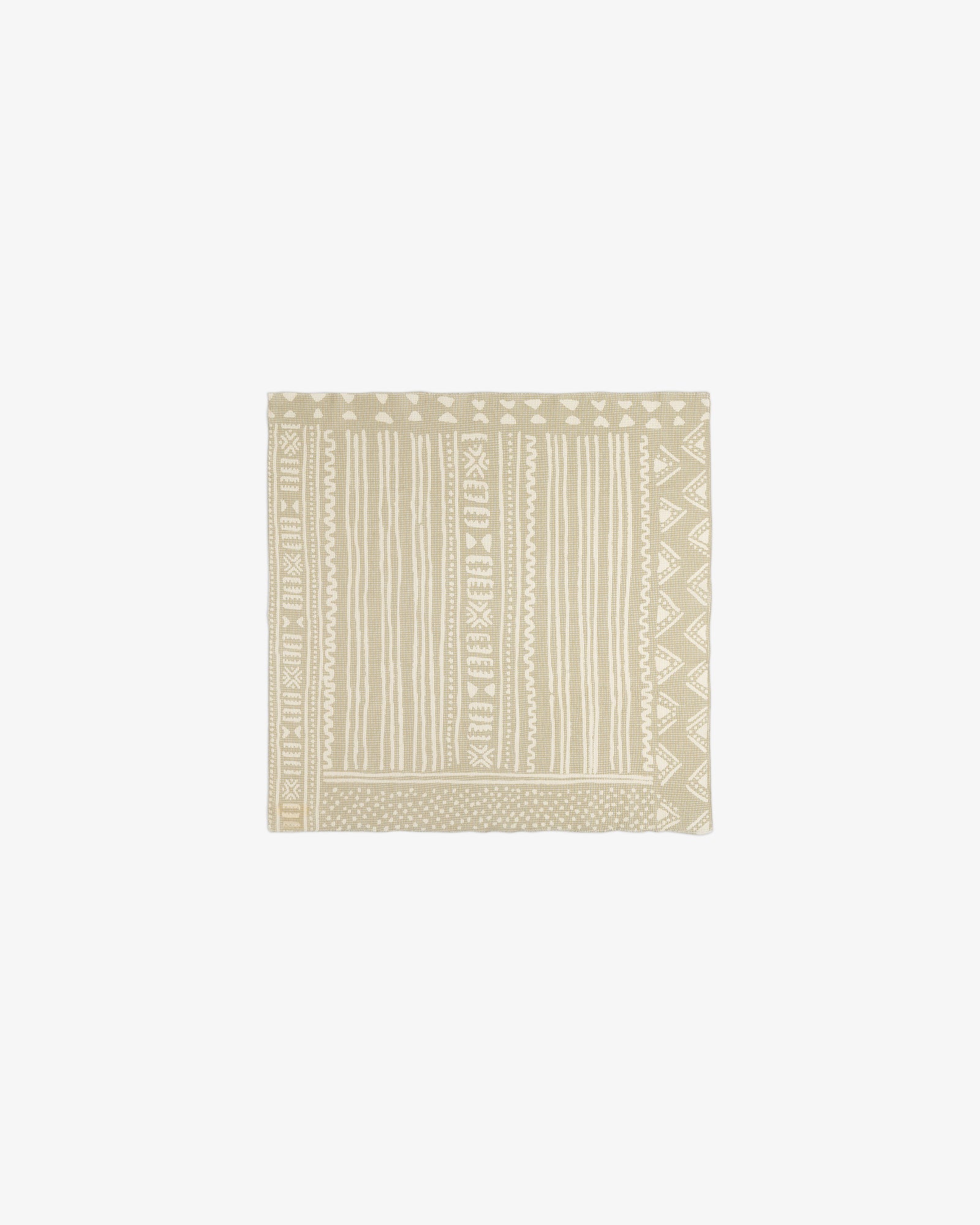 Mesh Tapestry Bandana in beige with geometric and striped white patterns, shown on a plain white background.