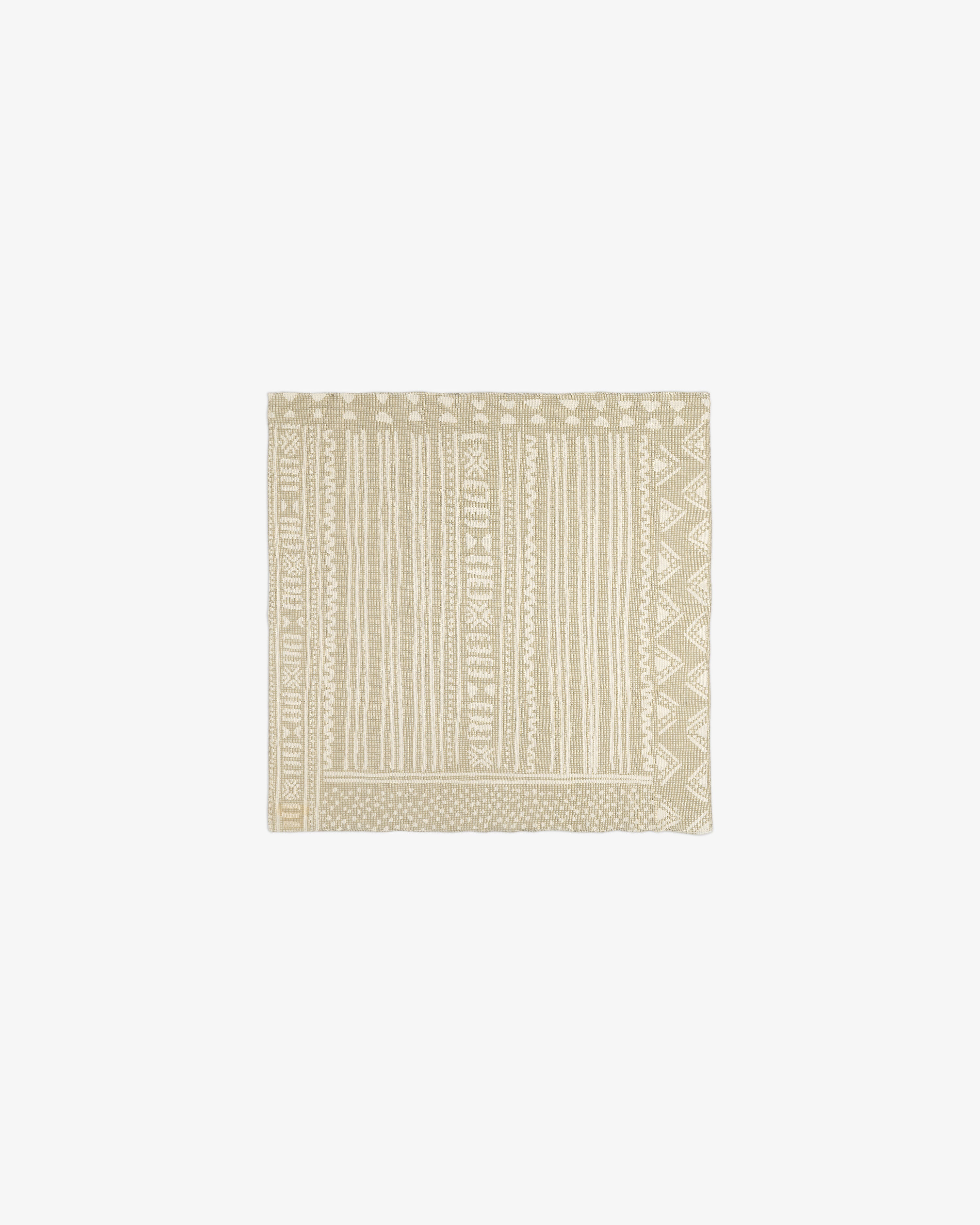 Mesh Tapestry Bandana in beige with geometric and striped white patterns, shown on a plain white background.
