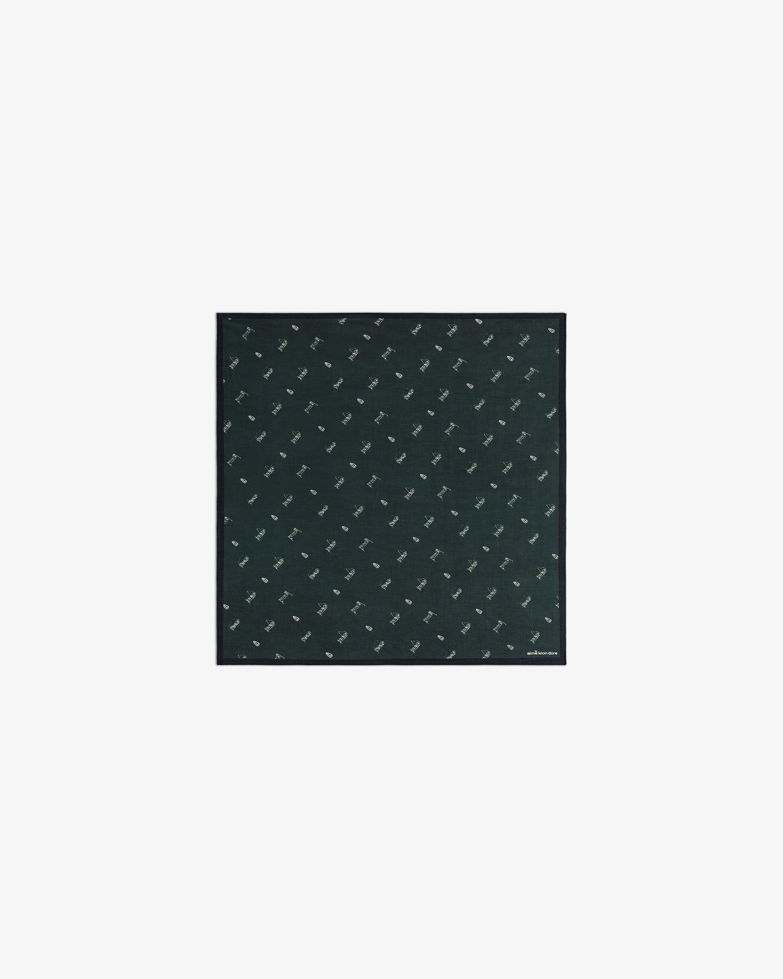 The ALD Golf Swing Bandana is a dark green square with a small repeating pattern of white birds.