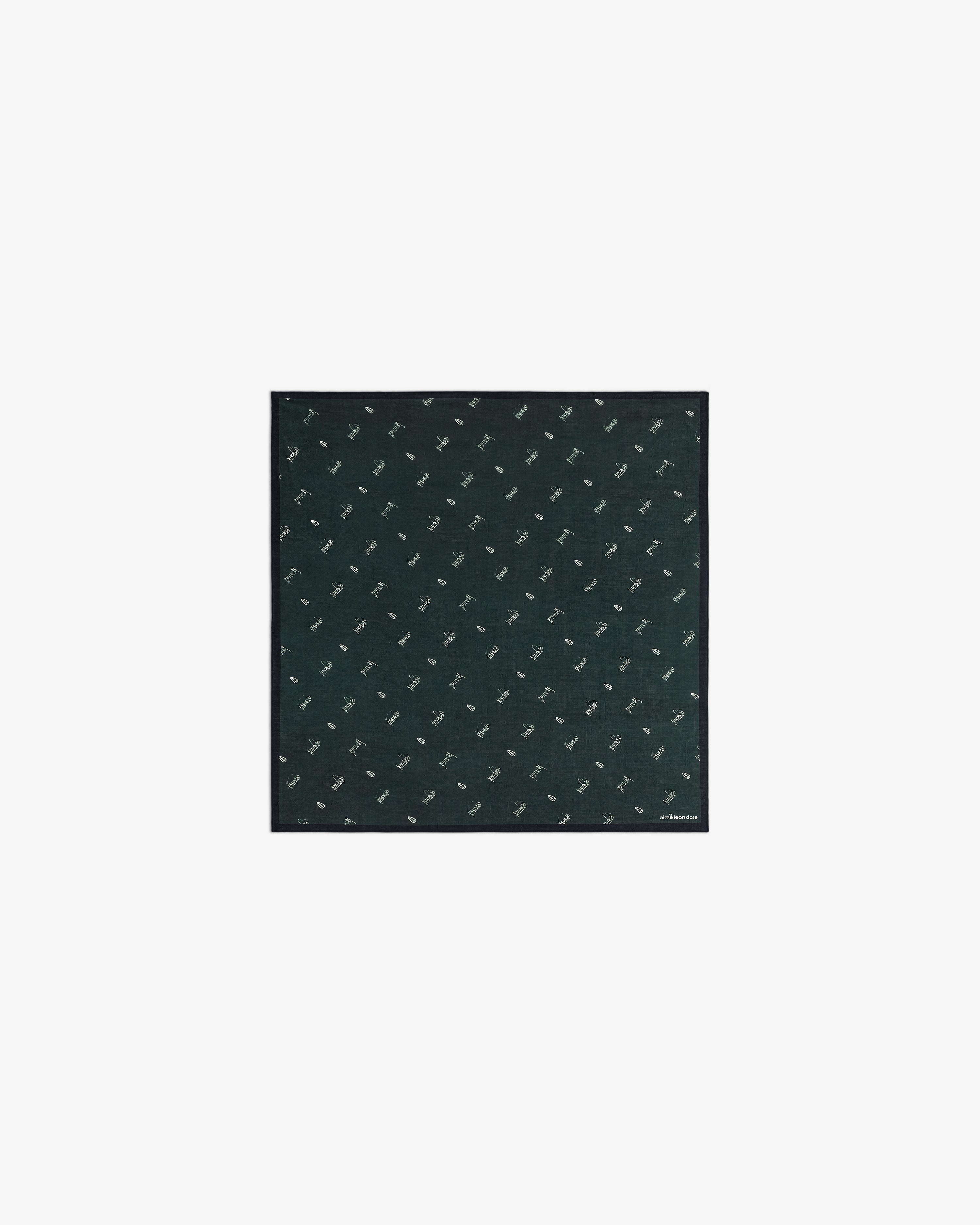 The ALD Golf Swing Bandana is a dark green square with a small repeating pattern of white birds.