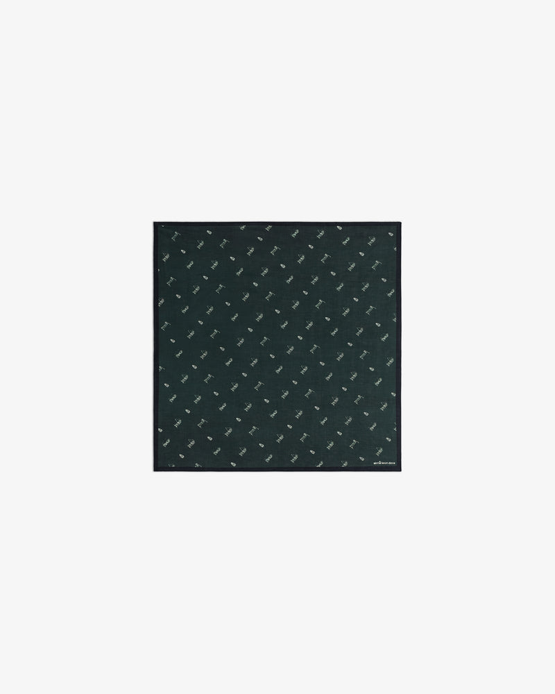 The ALD Golf Swing Bandana is a dark green square with a small repeating pattern of white birds.