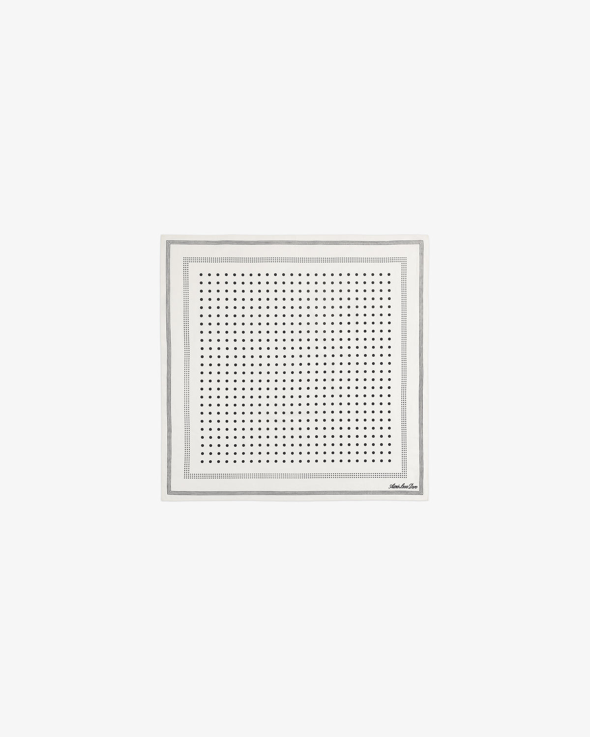 Polka Dot Bandana: White square scarf with small black dots and thin black borders around the edges.